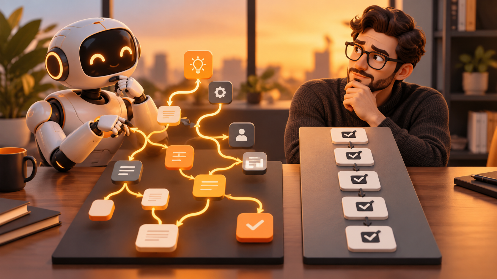 AI-generated conceptual illustration comparing an adaptive agent and a fixed workflow