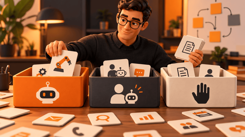 Conceptual illustration of an analyst sorting workflow cards into automation, assistance and manual-work trays.