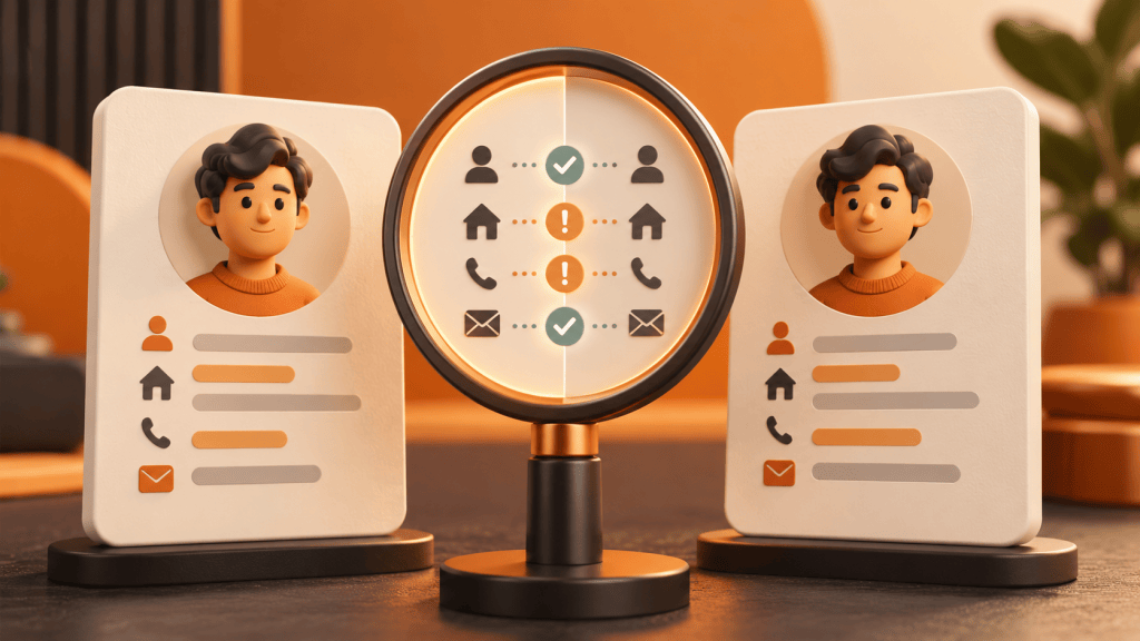 Conceptual illustration: Two nearly identical contact cards separated by a verification lens.