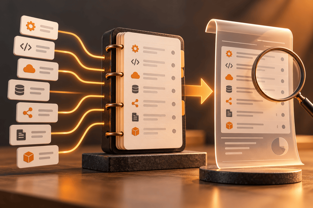 Conceptual illustration: A task ledger feeding a transparent invoice with traceable line items.