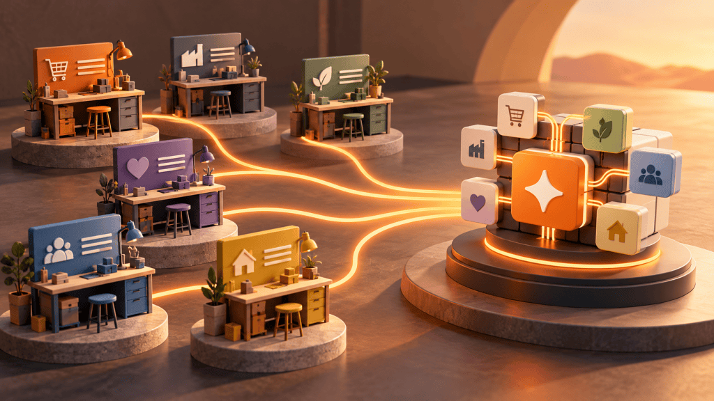 Conceptual illustration: Several custom workbenches gradually converging on one modular product.