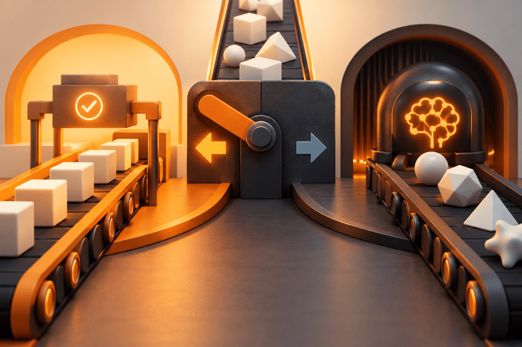 Conceptual illustration: A decision gate diverting simple work to a clean rules pipeline.