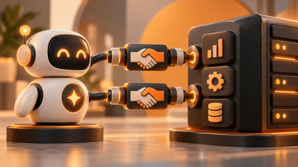 Conceptual illustration: Two handshake connectors between an agent and a strongly typed business API.
