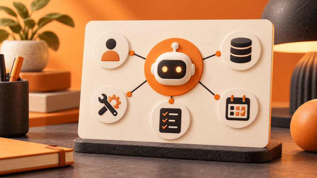 Conceptual illustration: A compact governance card linking owner, data, tools, tests and review date.