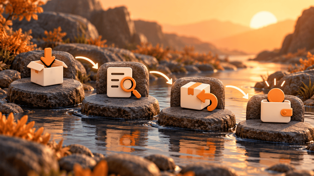 Conceptual illustration: Four stepping stones representing intake, review, return and refund.