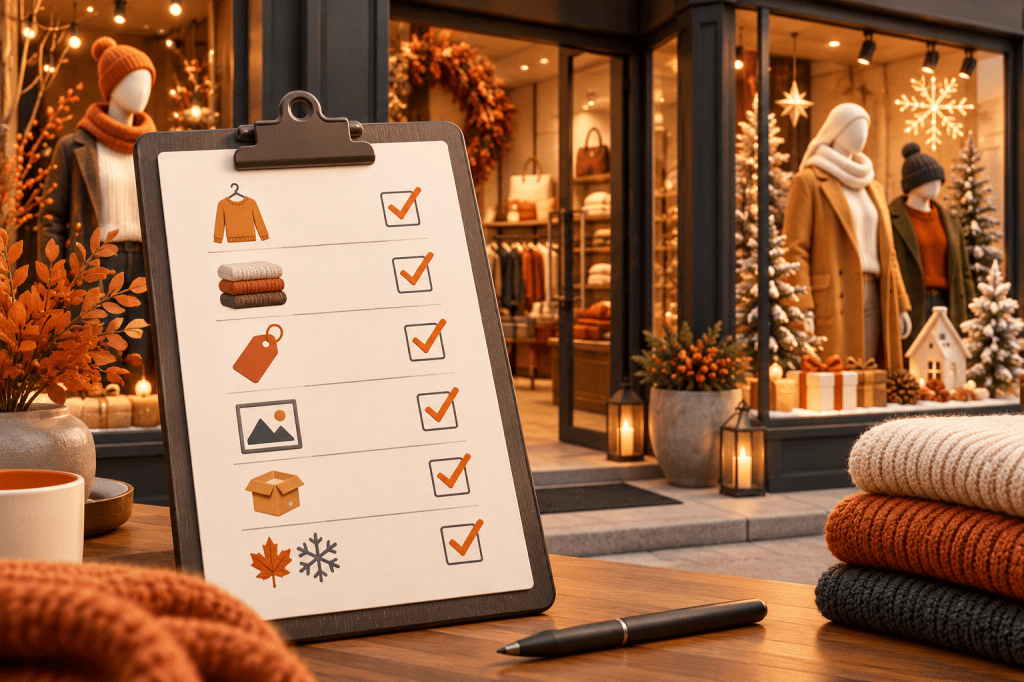 Conceptual illustration: A seasonal storefront behind a meticulous quality checklist.